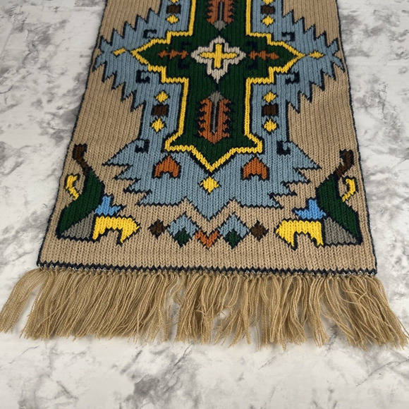 Vintage Handmade Knit Wall Hanging Tapestry Fringe Trim 20"x10" - Picture 5 of 7